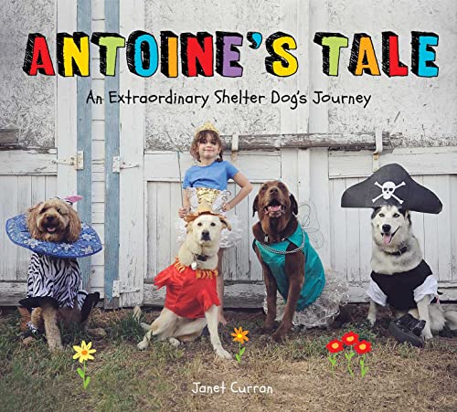 Book cover of Antoine's tale, an extraordinary shelter dog's journey. 4 dogs a girl wearing costumes